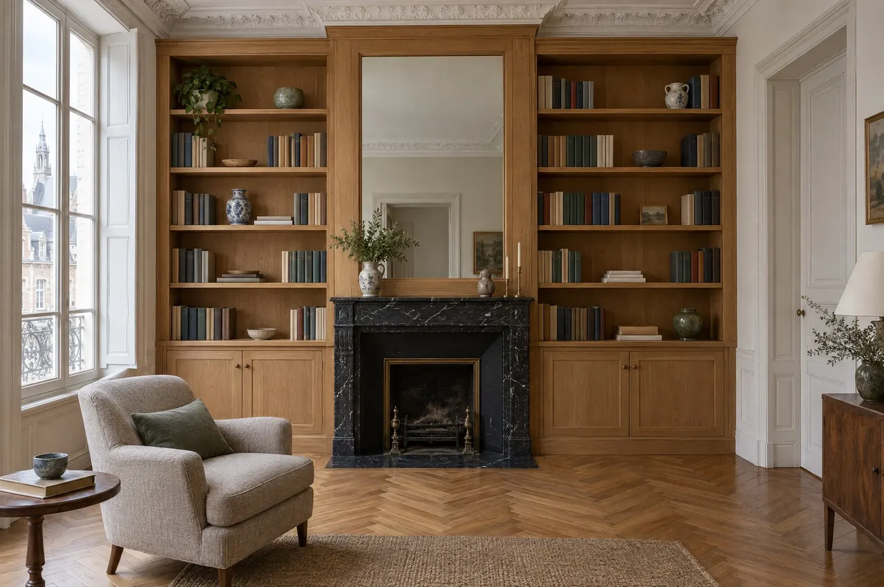 Bibliothèque en chêne du sol au plafond autour d’une cheminée en marbre noir, un miroir encadré de chêne au-dessus