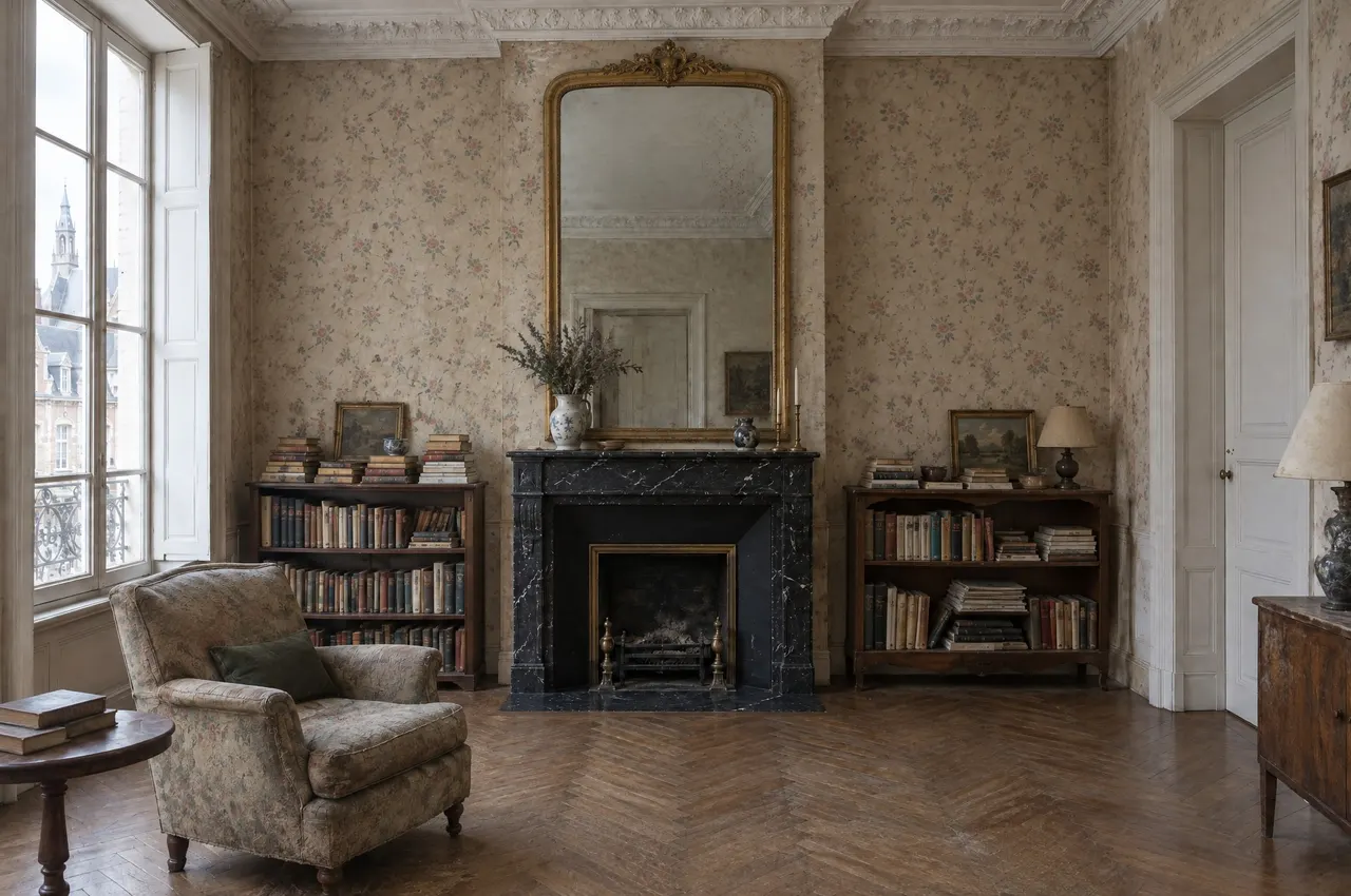 Le même salon avant les travaux : papier peint fleuri, deux bibliothèques basses dépareillées et un miroir doré