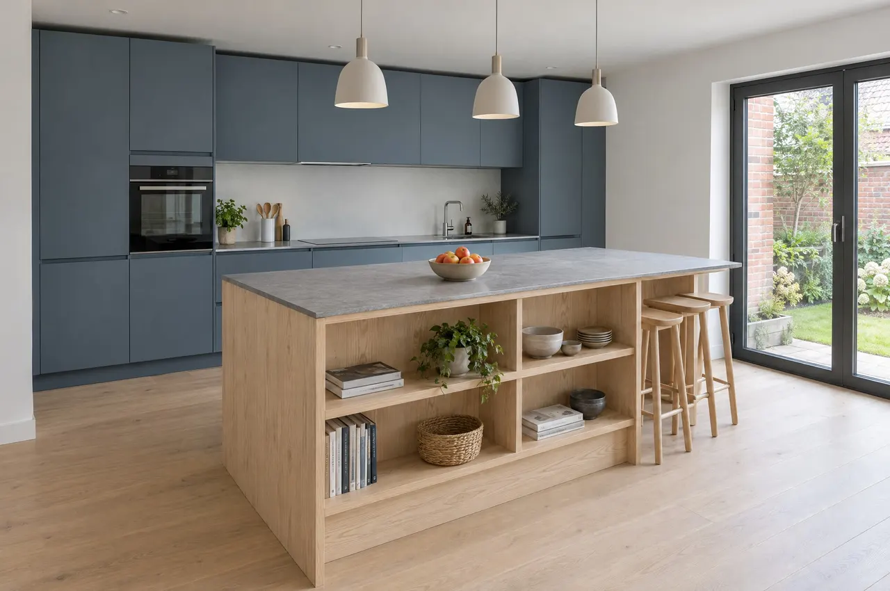 Cuisine laquée bleu ardoise avec colonnes et four encastré, îlot en frêne à étagères ouvertes et plan en céramique grise, porte vitrée sur le jardin