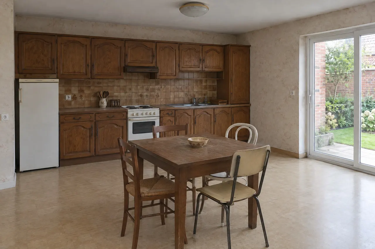 La même pièce avant les travaux : cuisine en chêne foncé des années 1980, cuisinière blanche et table à manger