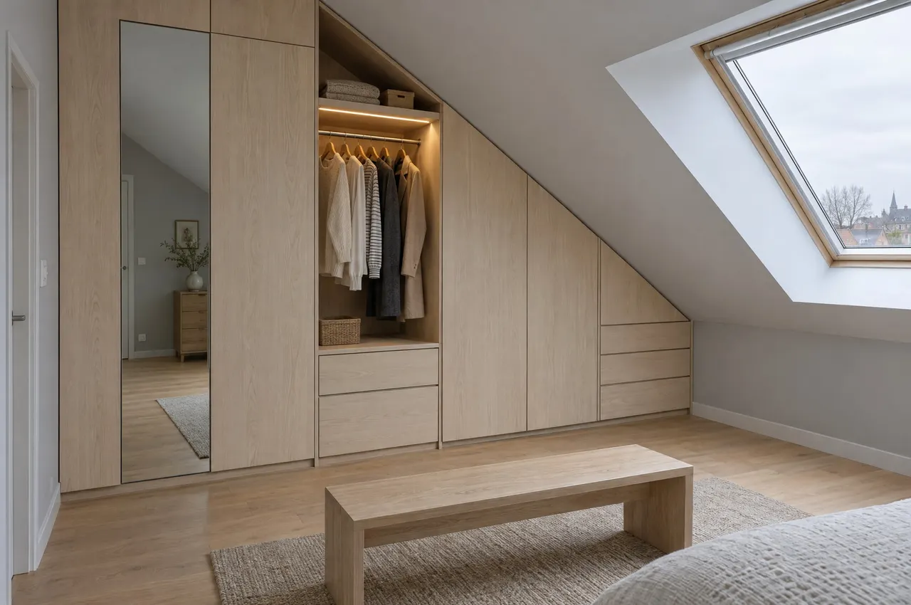 Dressing en frêne qui suit la pente du toit, une niche éclairée, un miroir sur une porte et un banc