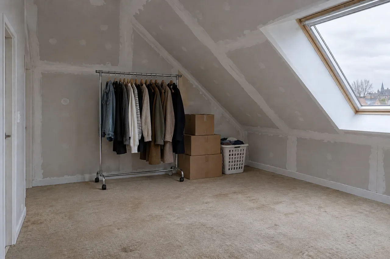 La même chambre sous les combles avant les travaux : plaques de plâtre nues, portant à vêtements et cartons