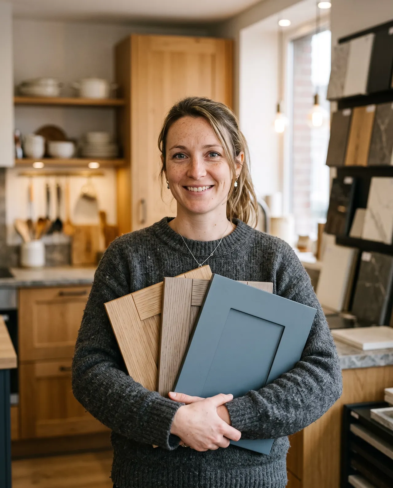 Élodie Wiart au showroom, trois échantillons de façades dans les bras