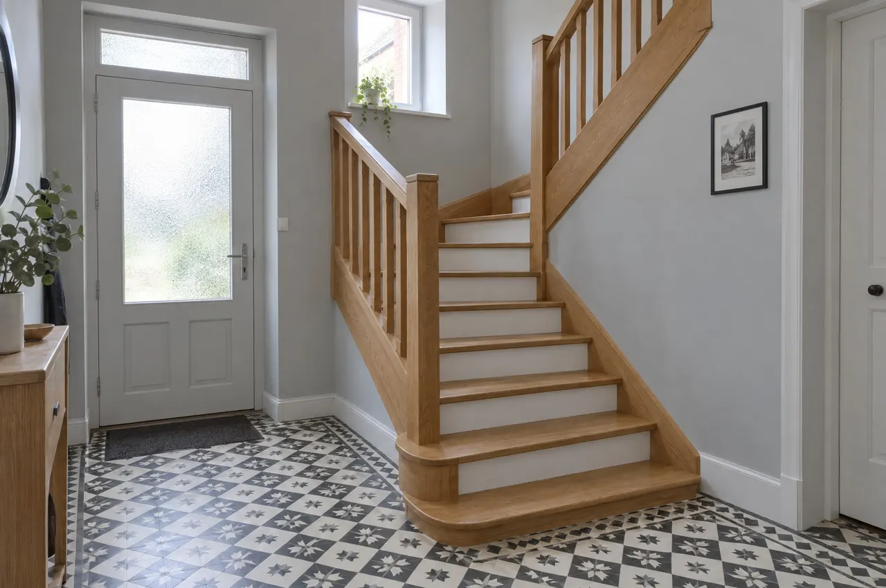 Escalier quart tournant en chêne verni mat, contremarches blanches, main courante et balustres carrés, dans une entrée aux carreaux de ciment