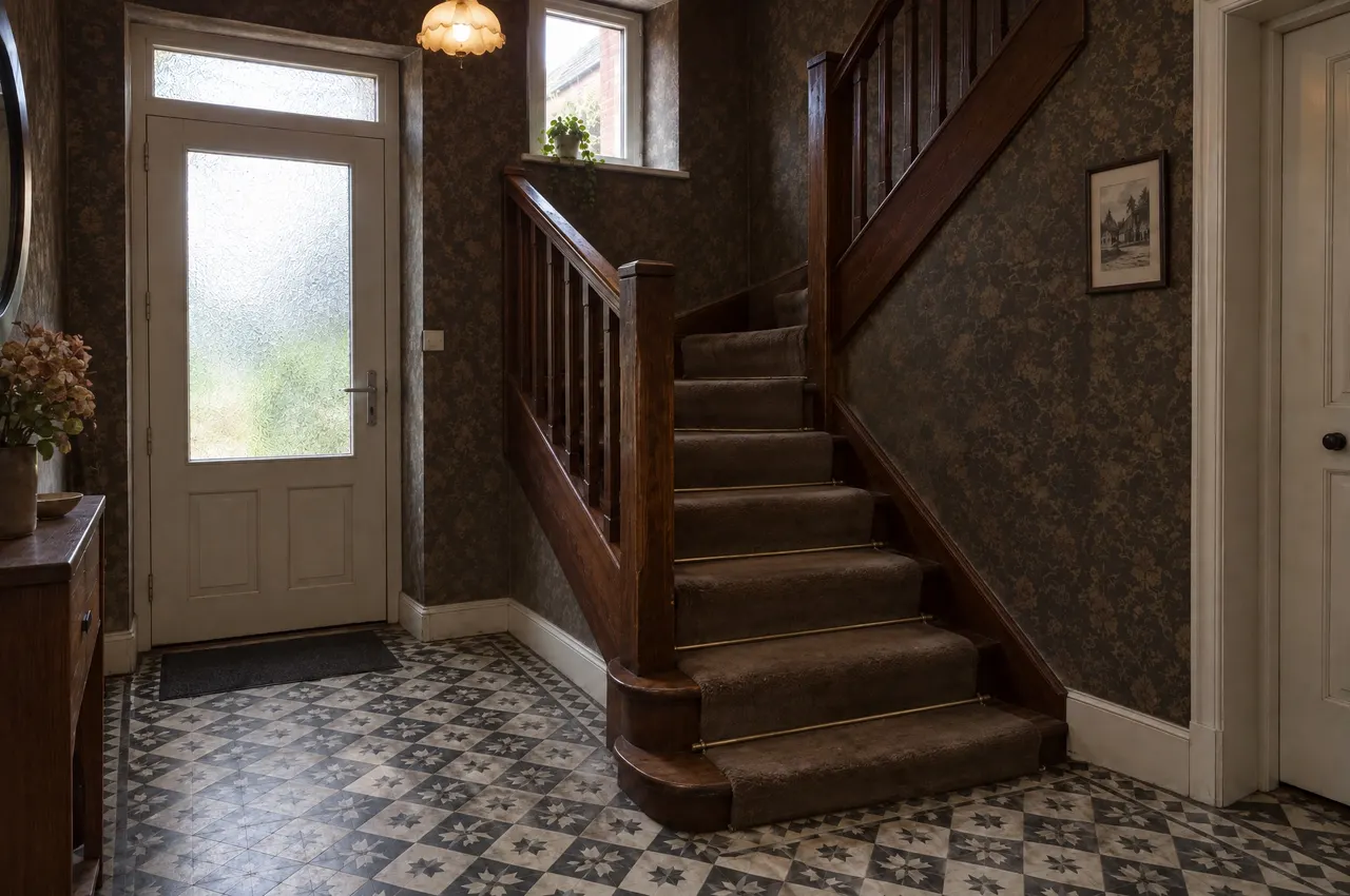 La même entrée avant les travaux : vieil escalier recouvert de moquette marron, balustres vernis foncés et papier peint sombre