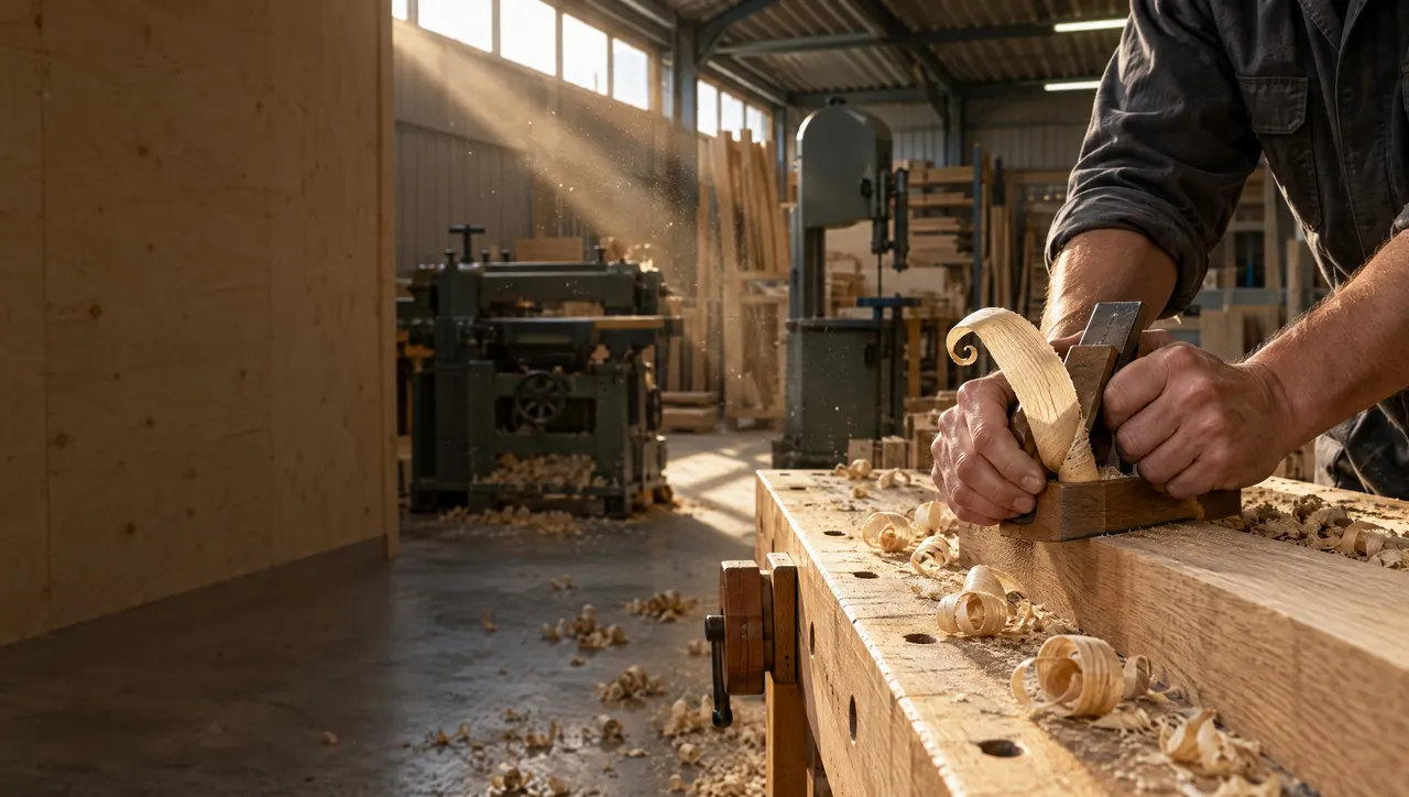 Un menuisier rabote une planche de chêne sur l’établi de l’atelier, des copeaux sur le plan de travail, une raboteuse et une scie à ruban dans la lumière du soir