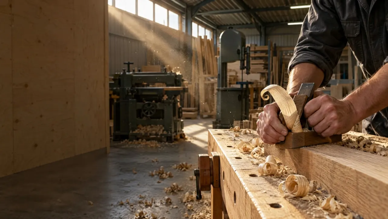 Un menuisier rabote une planche de chêne sur l’établi de l’atelier, des copeaux sur le plan de travail, une raboteuse et une scie à ruban dans la lumière du soir