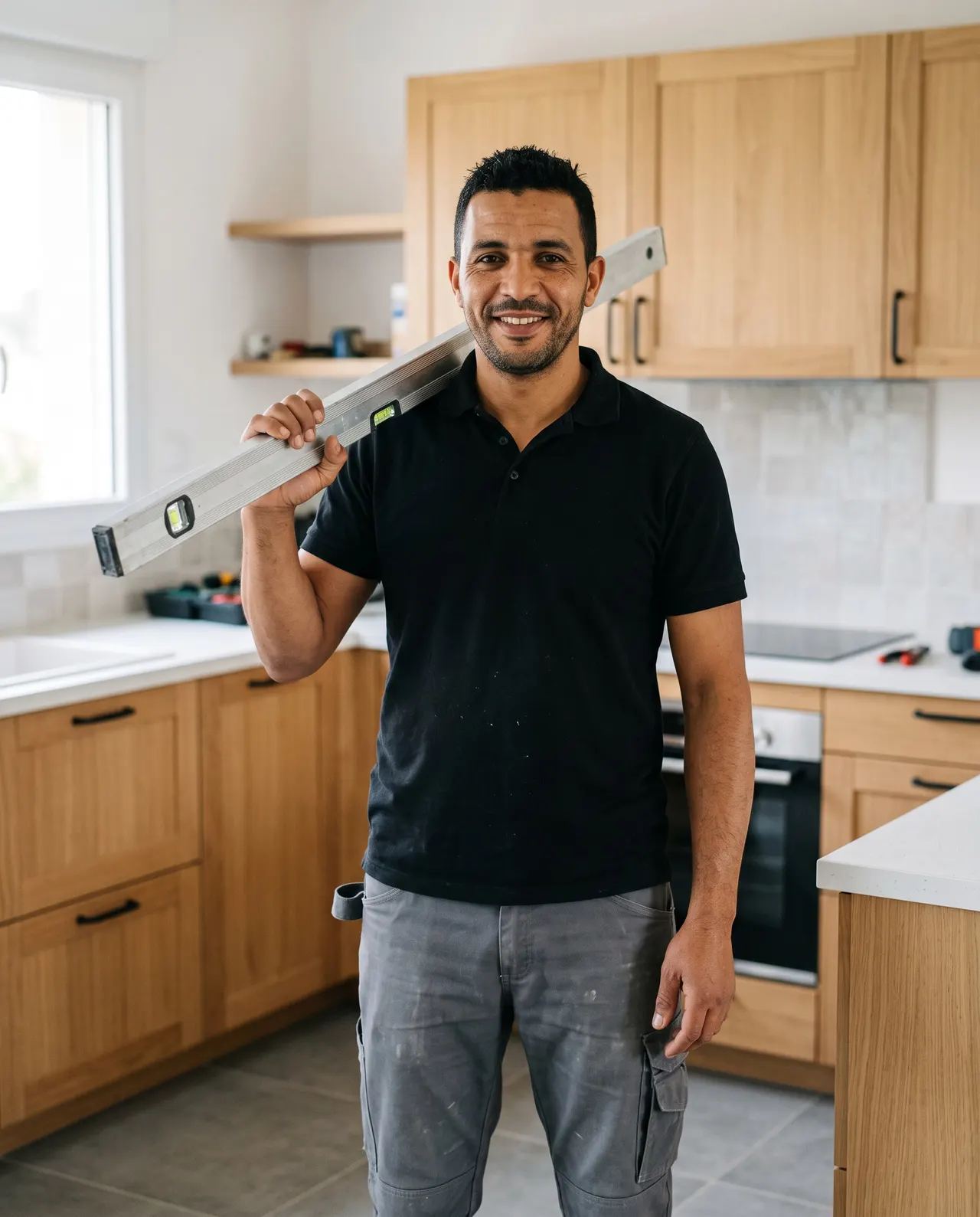 Karim Ouali dans une cuisine qu’il vient de poser, un niveau à bulle sur l’épaule