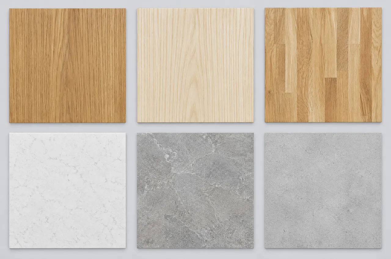 Six échantillons posés à plat : chêne, frêne, plan en chêne lamellé-collé, quartz blanc, céramique grise et stratifié