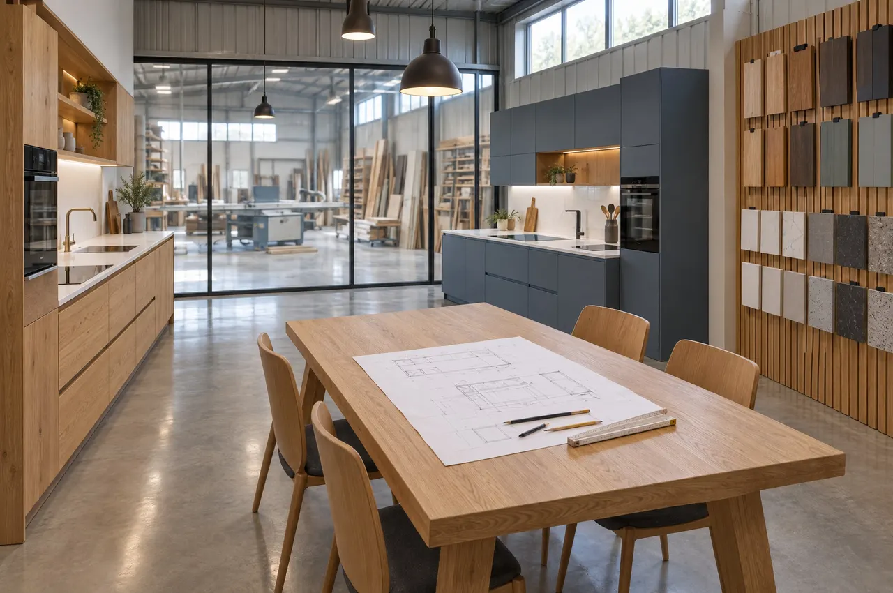 Le showroom : une cuisine en chêne, une cuisine laquée bleu ardoise, un mur d’échantillons et une table avec un plan dessiné, l’atelier derrière une paroi vitrée